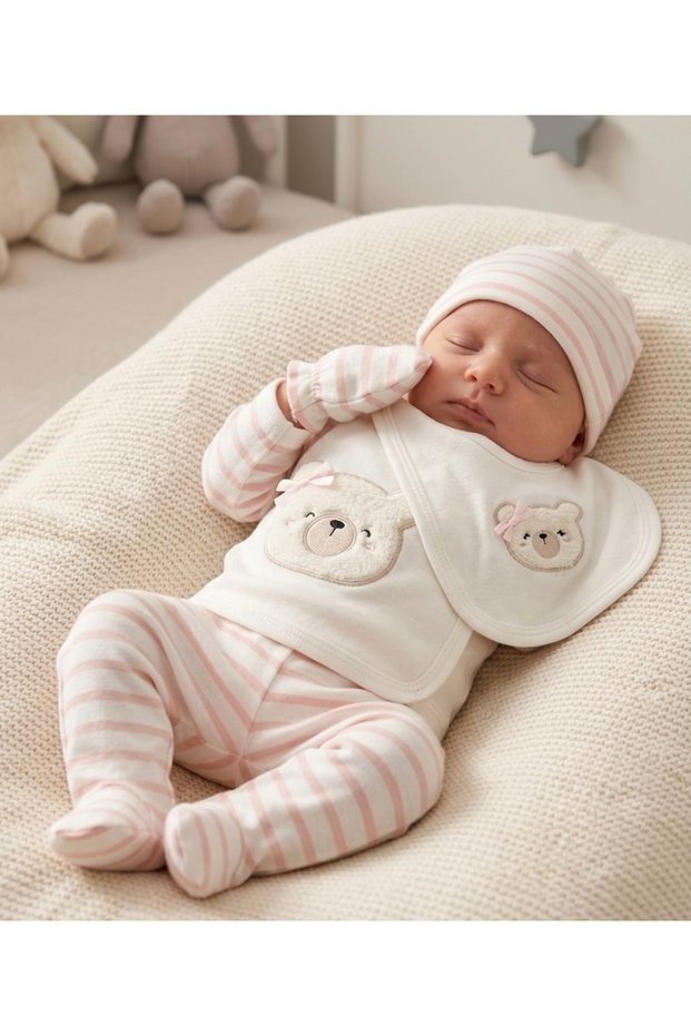 Hsco Teddy Bear Embroidered 5-Piece Newborn Gift Baby Set Hospital Release - 100% Cotton - Holiday Gift