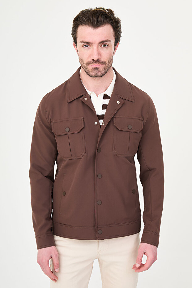 Straight Slim Fit Shirt with Collar Buttons Men's Coat Brown - 39669.26Y
