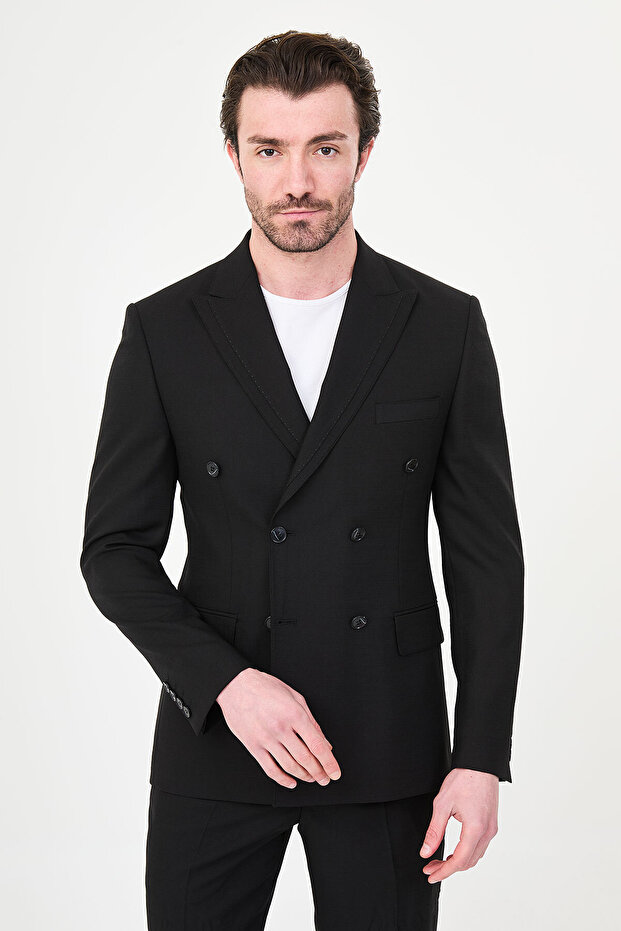 Straight Slim Fit Wide Collar Double Breasted Men's Suit Black - 45469.26Y