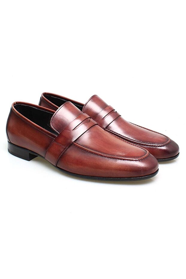 Burgundy Color Laceless Genuine Leather Men's Shoes
