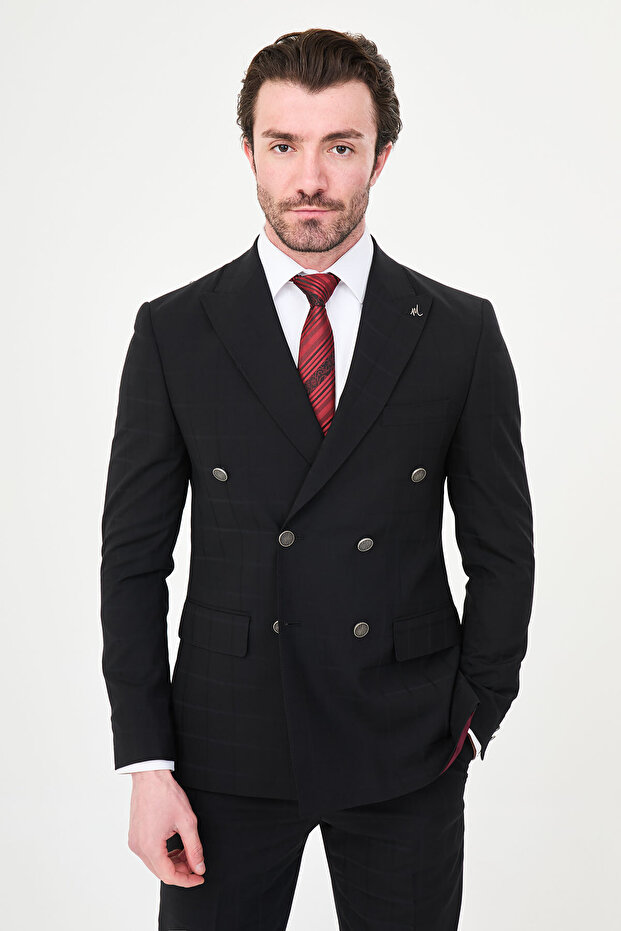 Plaid Slim Fit Wide Collar Double Breasted Metal Button Premium Wool Men's Suit Black - 44317.26Y