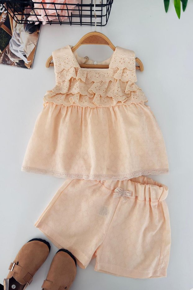 My Little Girl's Cicileri Elegance Lace Layered Girls' Shorts Set - Salmon