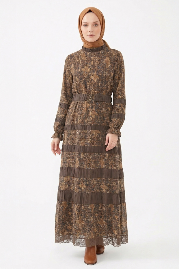 Levidor Belt and Bead Detail Ethnic Patterned Dress 330341 Brown