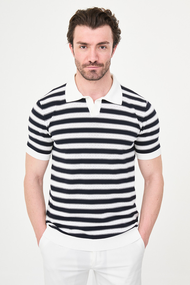 Striped Slim Fit Lapel Collar Men's Knitwear T-Shirt Ecru-Navy Blue - 11591.26Y