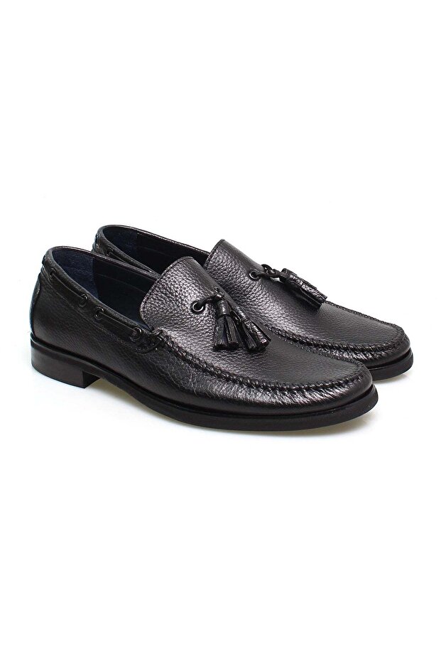 Black Color Laceless Genuine Leather Men's Shoes