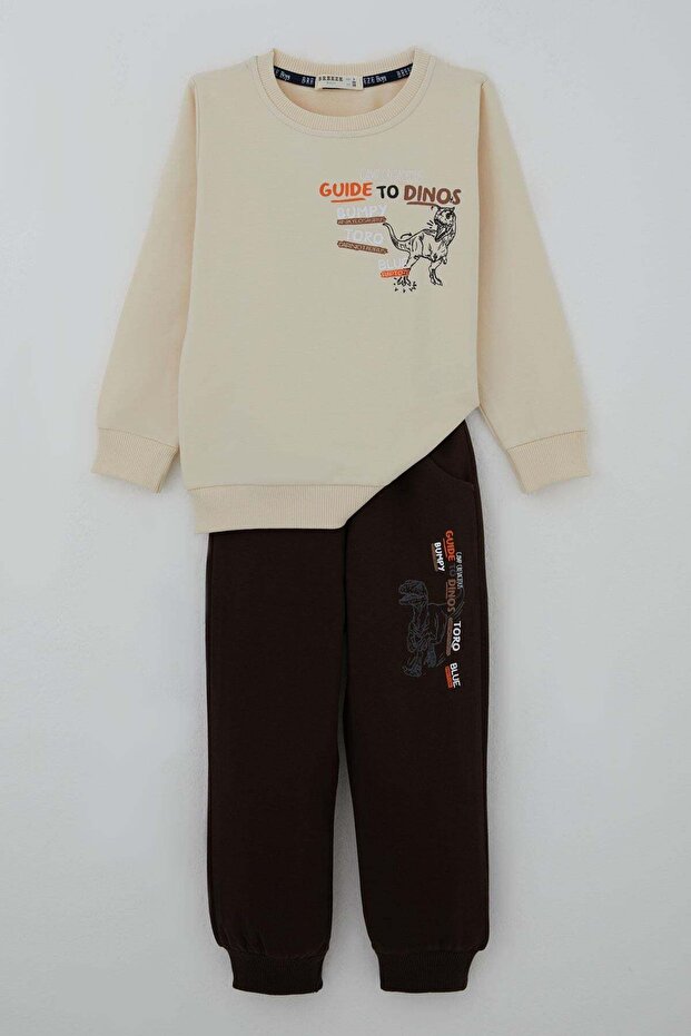 Boys' Tracksuit Set with Dinosaur Camp Back Print Detail, Ages 2-6, Cream