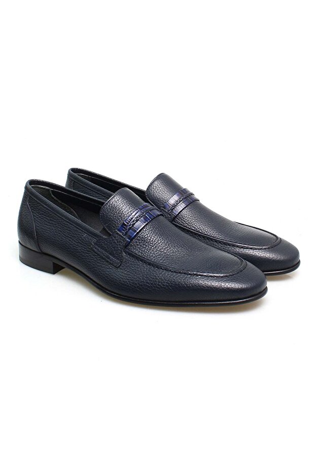Dark Blue Color Laceless Genuine Leather Men's Shoes