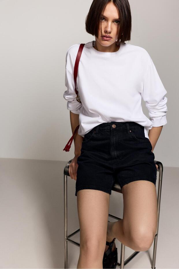 Basic denim mom şort - 5