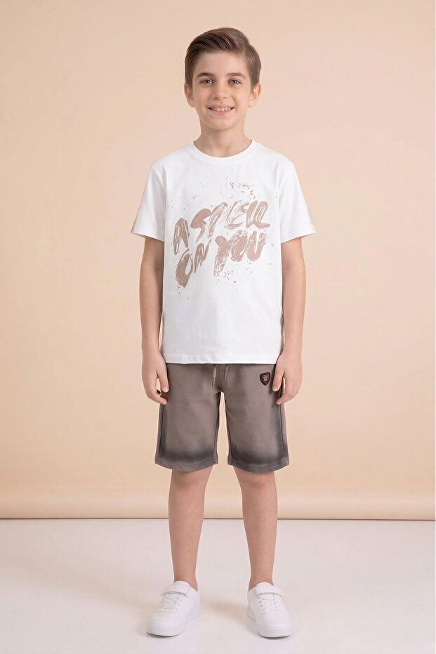 Ecru Graffiti Printed T-Shirt and Shorts Boys' 2-Piece Set 23775