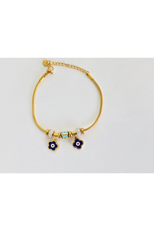 Steel Bracelet Gold Color with Blue Flower Charms 316 L Steel Bracelet