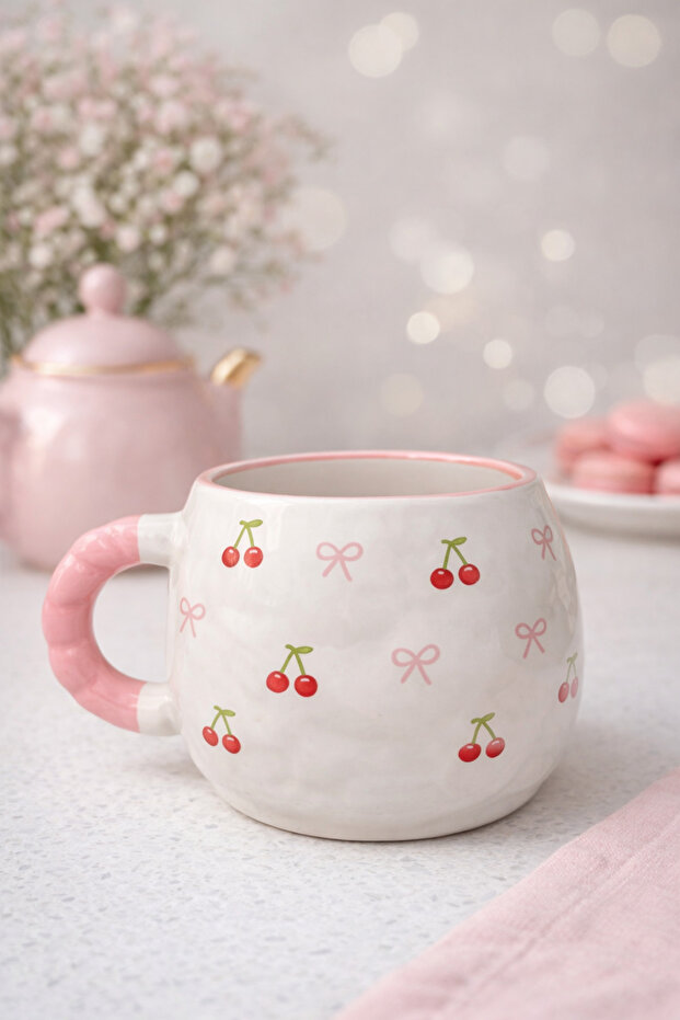 Embossed Mug Bow - Cherry Pattern Custom Embossed Fully Handmade Ceramic Mug