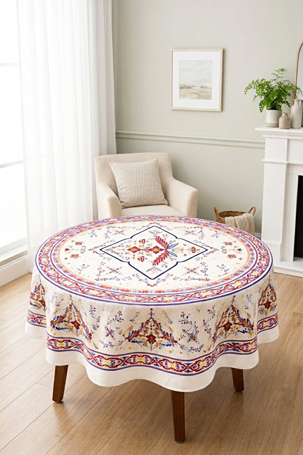 Soft Textured Printed Blue Tile Pattern Round Kitchen Living Room Garden Balcony Tablecloth 160X160
