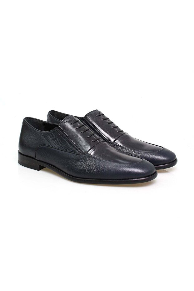 Dark Blue Color Laceless Genuine Leather Men's Shoes