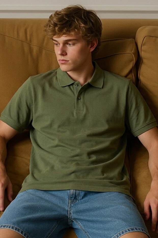 Men's Short Sleeve Cotton Khaki Polo Collar T-Shirt