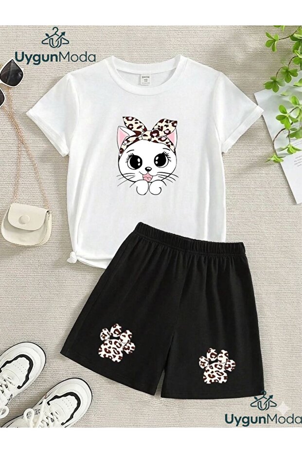 One Cat Two Paws Printed T-Shirt Shorts Summer Children's Set