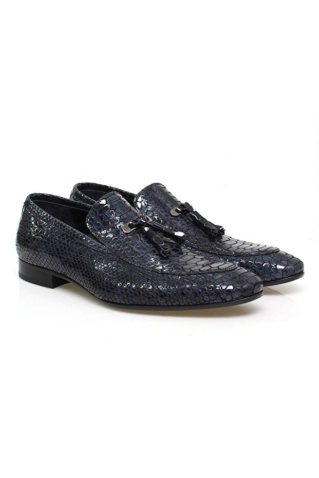 Dark Blue Color Laceless Genuine Leather Leather Sole Men's Shoes