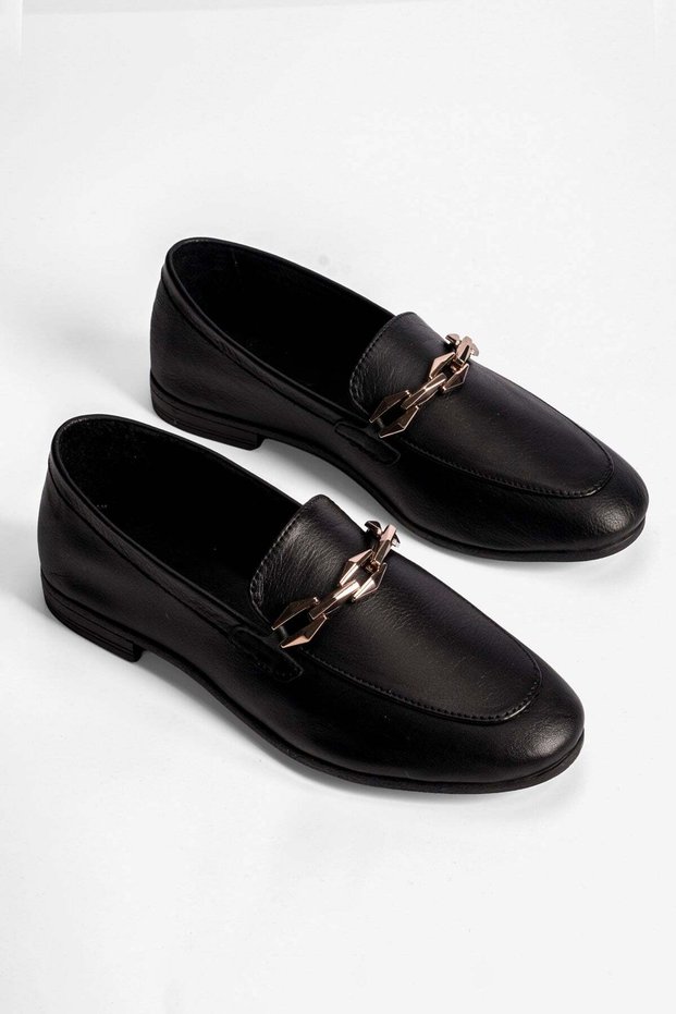 Women's Genuine Leather Ballerinas with Metal Accessory Detail Loafer Felina Black