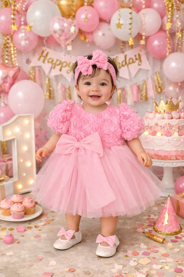 Baby Girl Dark Pink Rose Patterned Dress Set, Hair Band and Shoes Included up to 1 Year Old