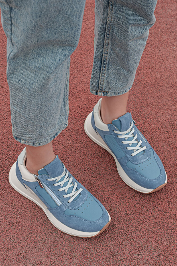 Leather and Suede Women's Sneakers with Side Zipper