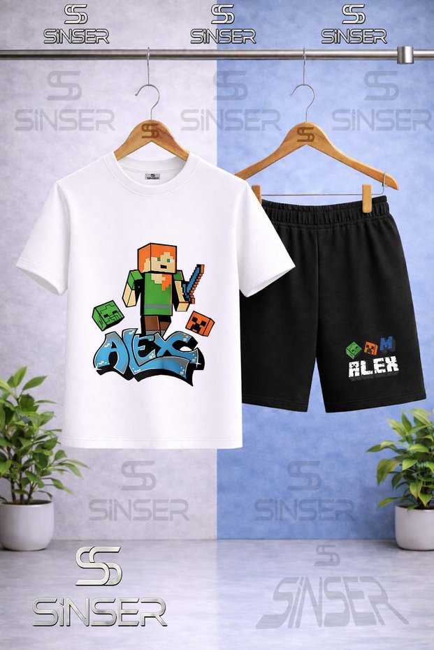 Children's New Alex Original Special Printed Crew Neck T-Shirt - Shorts Set