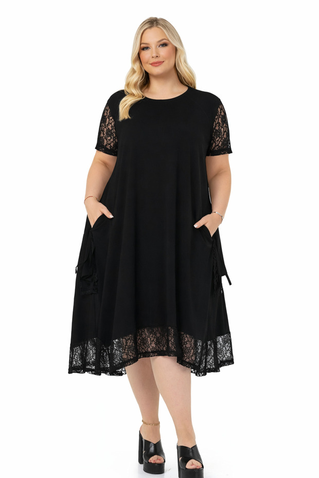 Black Lace Detailed Asymmetrical Dress with Pockets