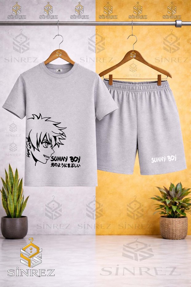 Children's Unisex Sunny Boy Black Printed Crew Neck T-Shirt - Shorts Set