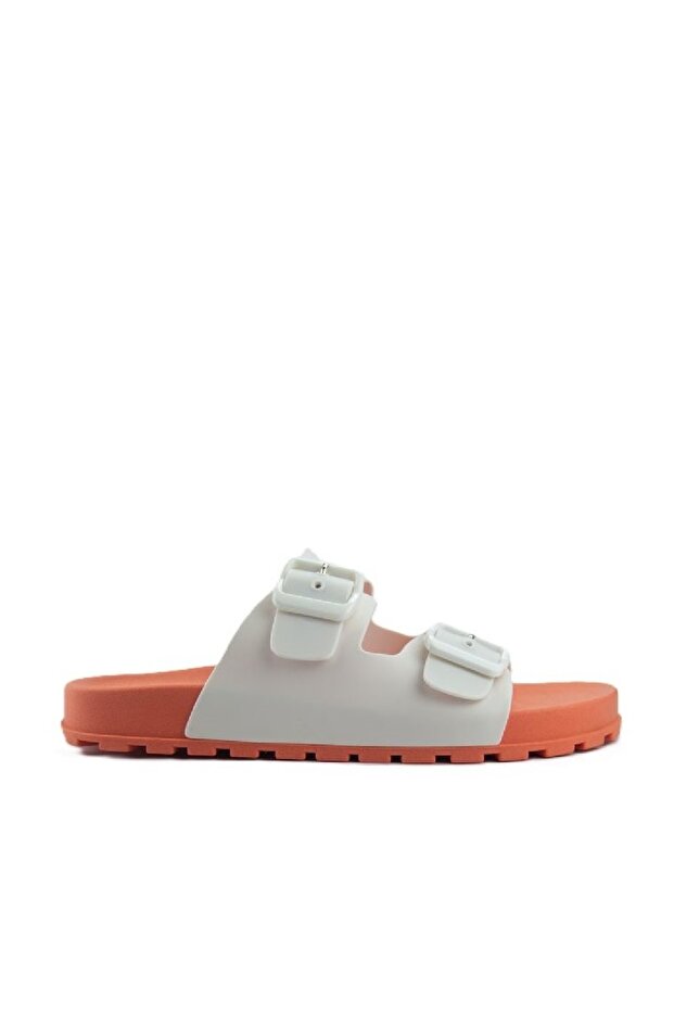 Folk Women's Birken Style Sandal With Adjustable Strap-Orange/White, size-39