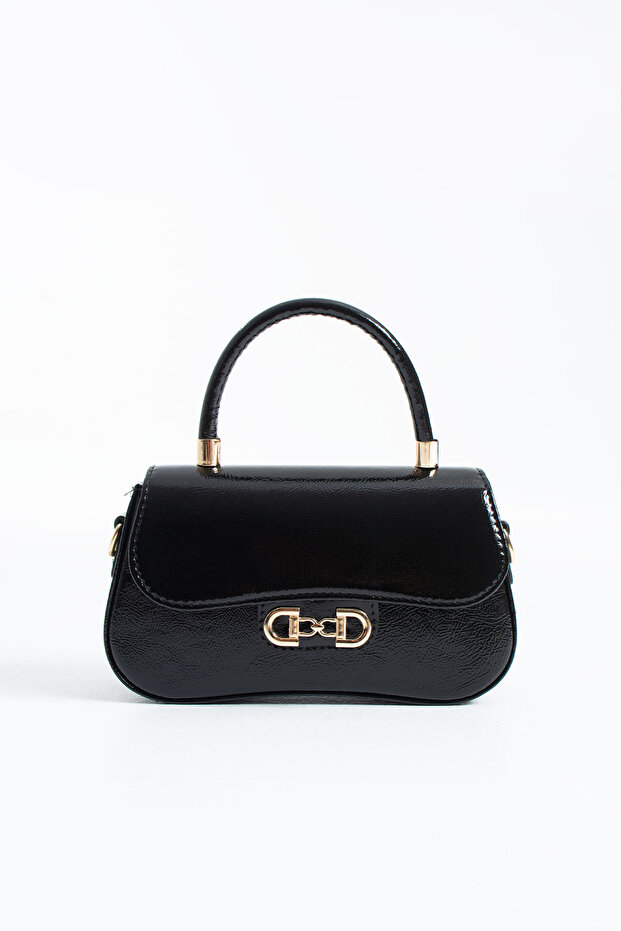 Nçs Black Patent Leather Covered Baguette Crossbody Women's Bag