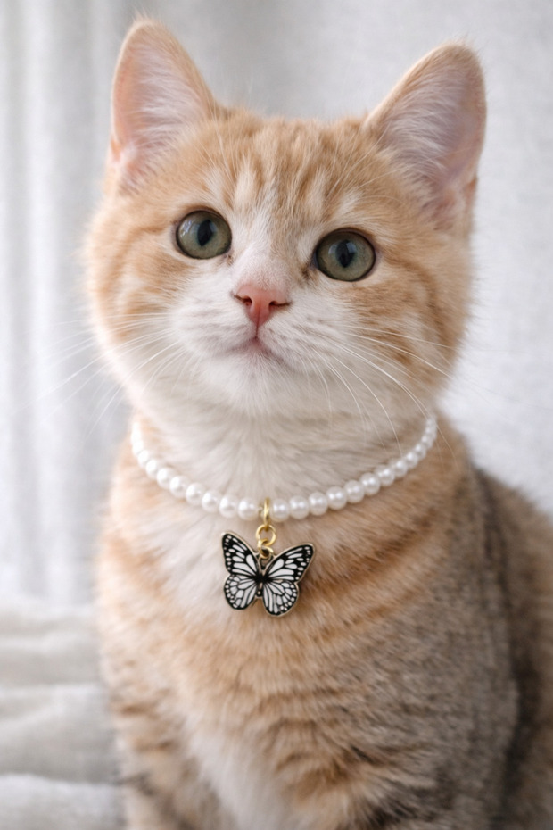 Butterfly and pearl design cat necklace