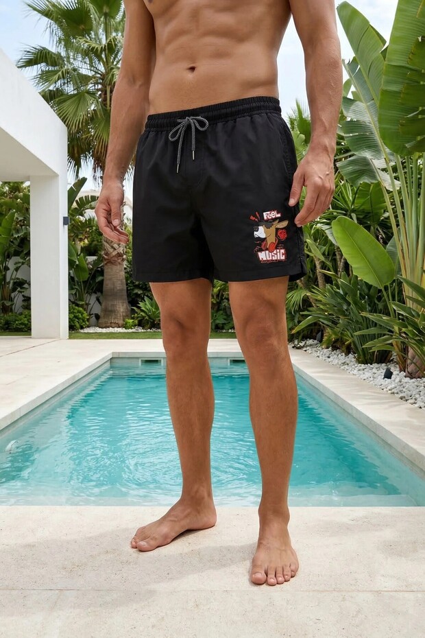 Printed Swim Shorts with Elastic Laces for Men, Lined Black Short Length Beach Shorts Ls-95843