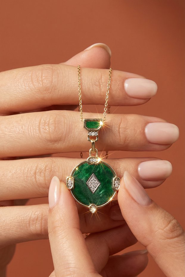 Accessories Green Stone Detailed Vintage Necklace Elegant Stylish 47+4 cm Women's Necklace