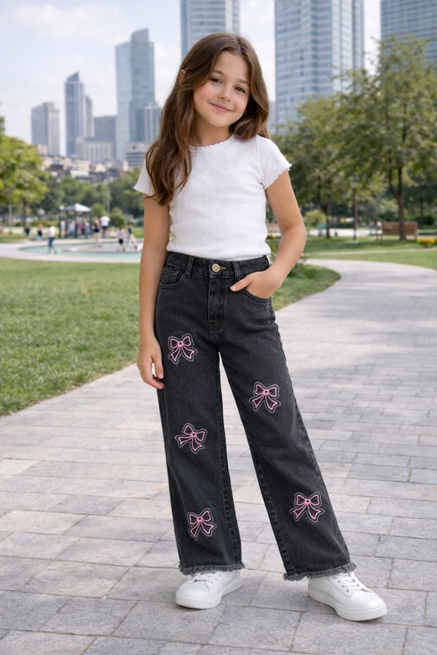 26904-26 Girls' Denim Trousers with Pink Ribbon Embroidery Detail, Straight Leg Casual Jean Trousers