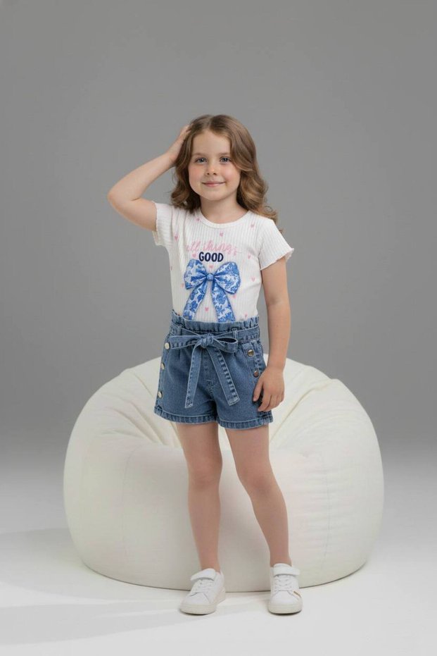 Ecru Crew Neck Printed Ribbed Girls' T-Shirt and Shorts Set of 2