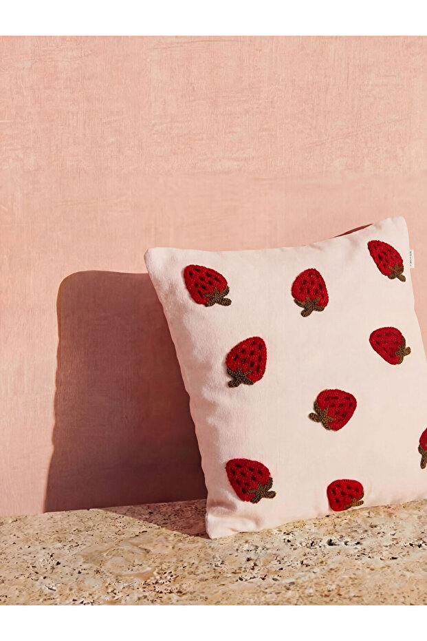 Pink Strawberry Patterned Throw Pillow Cover - 45X45 cm