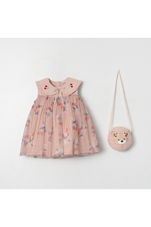 Girl's Cherry Embroidered Muslin Dress and Bag Set Summer Vacation Outfit
