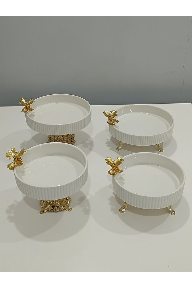 4-Piece Butterfly, Daisy Figured Porcelain, Serving Plate, Presentation Bowl, Metal Gold Legs