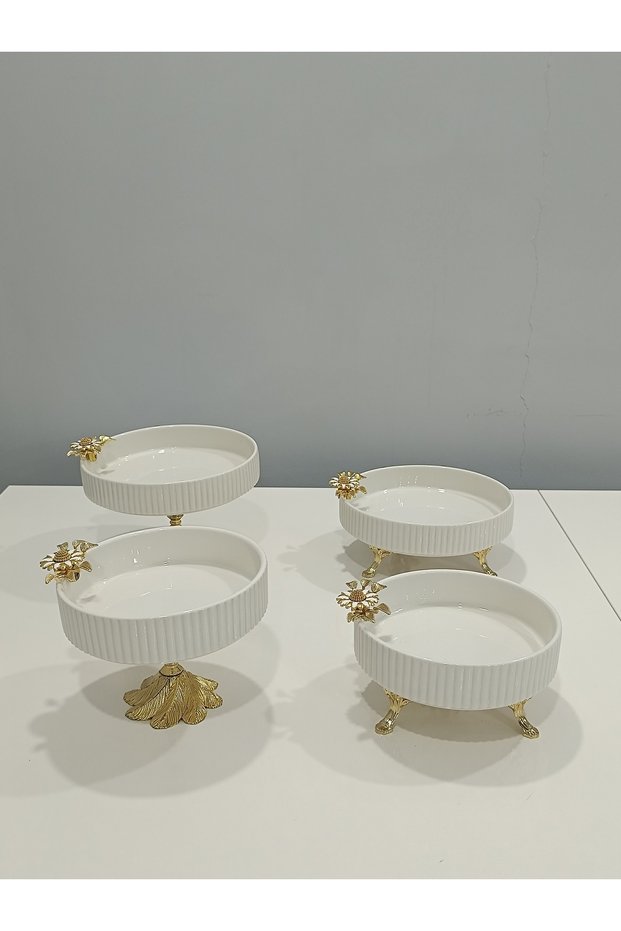 4-Piece Butterfly, Daisy Figured Porcelain, Serving Plate, Presentation Bowl, Metal Gold Legs