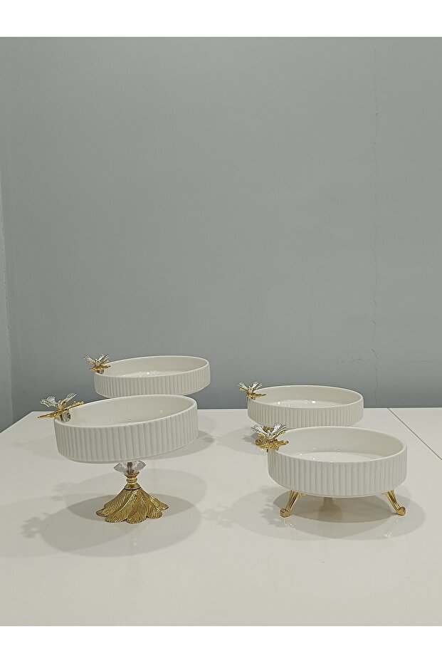 4-Piece Butterfly, Daisy Figured Porcelain, Serving Plate, Presentation Bowl, Metal Gold Legs