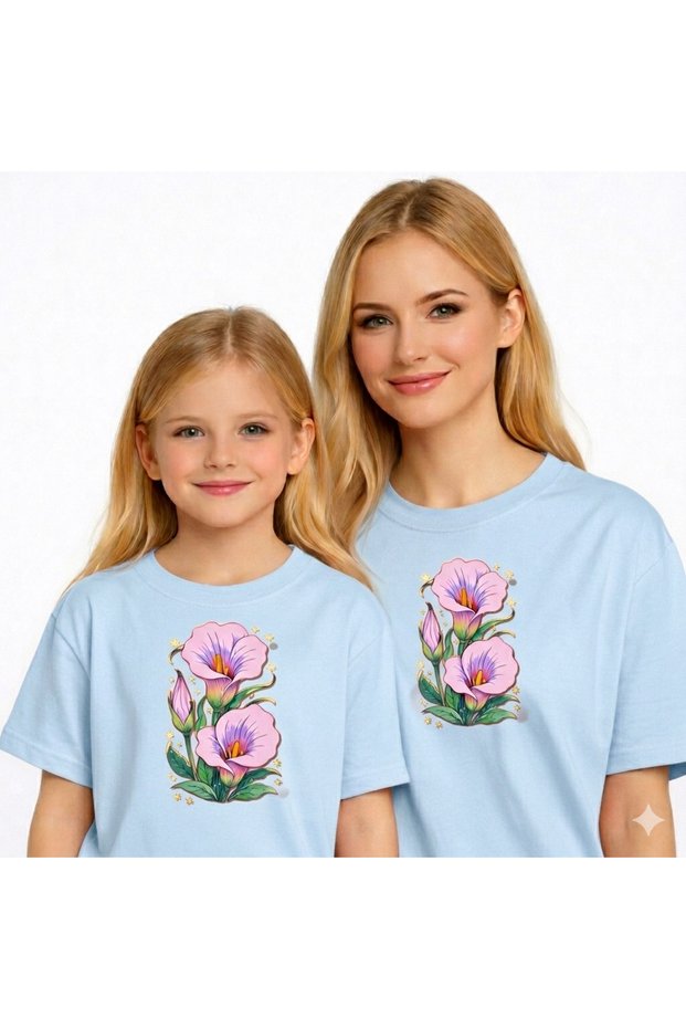 Mother Unisex Kids Combination Oversize T-Shirt Twin T-Shirt Pink Lily Printed (Single Price)