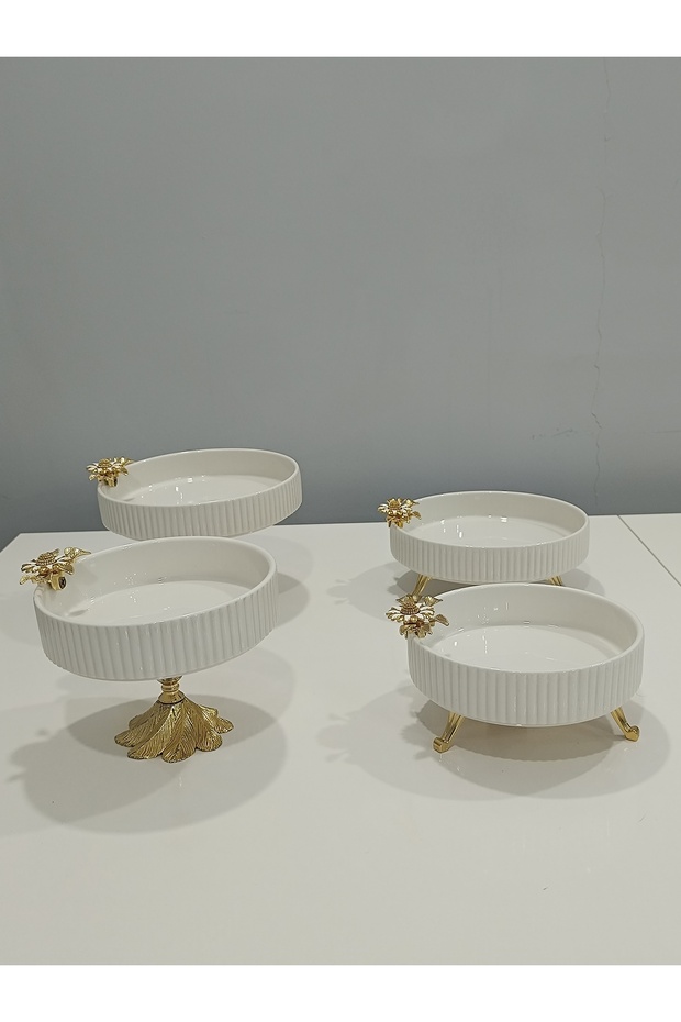 4-Piece Butterfly, Daisy Figured Porcelain, Serving Plate, Presentation Bowl, Metal Gold Legs