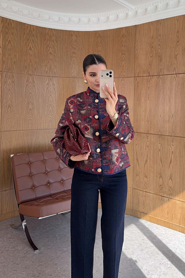 Gold Buttoned Patterned Jacket - 2