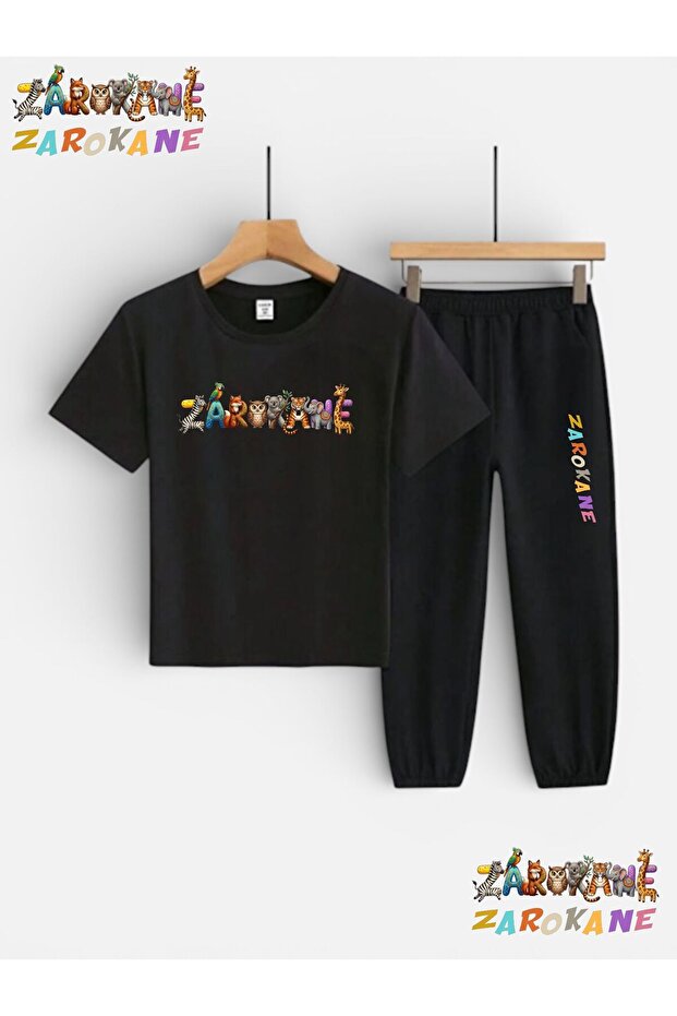 Logo Printed Top and Bottom Tracksuit/T-Shirt Two-Piece Children's Set (Tracksuit with Pockets)