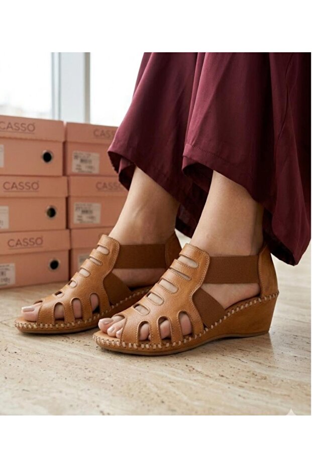 Tan Genuine Leather Orthopedic Comfortable Padded Sole Women's Sandals