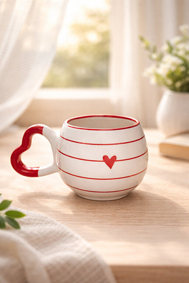 كوب سيراميك مصنوع يدويًا بالكامل مع نقش خاص على شكل قلب 'LE' من سلسلة 'RED LINE HEART'