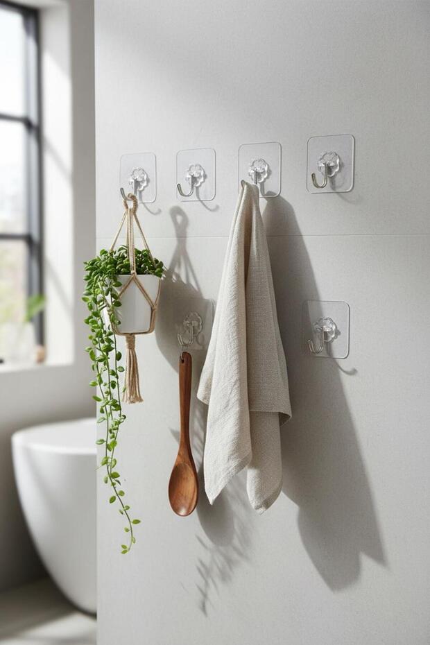Set of 6 Transparent Adhesive Hangers & Multi-Purpose Bathroom and Kitchen Wall Organizer