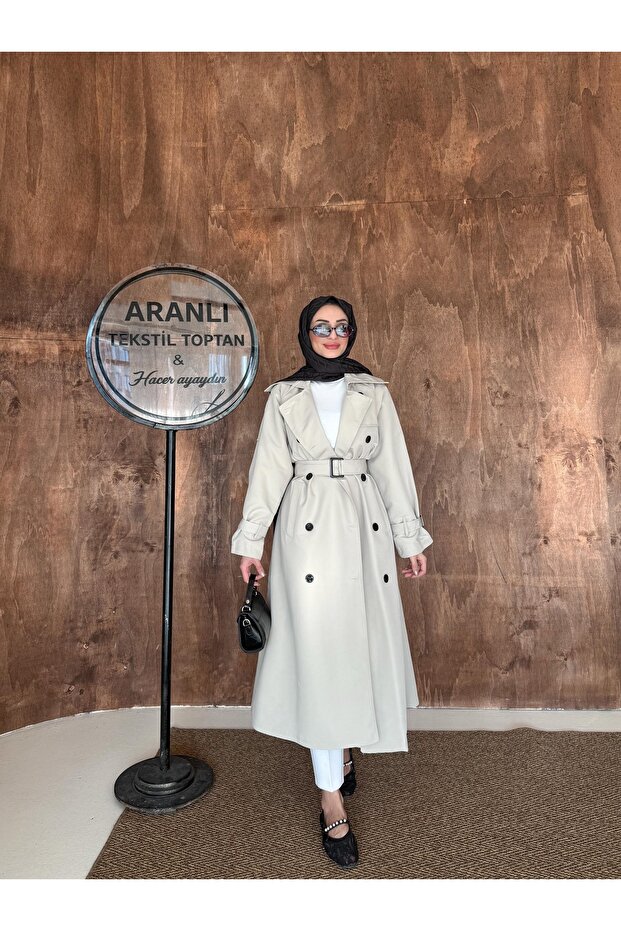 Kruvaze Collar Women's Trench Coat with Removable Belt and Buttons