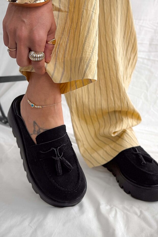 Grassi Black Suede High Sole Women's Slippers