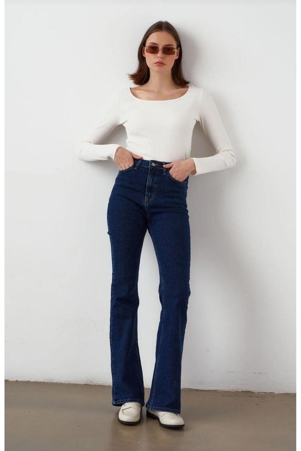 Women's Flare Flexible Navy Blue Spanish-Style High Waist Tightening Pants Denim Jeans