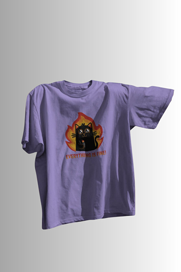 "Everything Is Fine" Ironical Cat Printed Unisex Oversize 24/1 100% Cotton T-Shirt