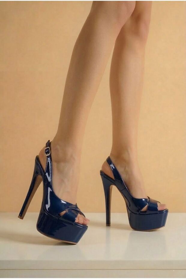Lizza Navy Blue Patent Leather Side Adjustable Thin High Heeled Women's Shoes